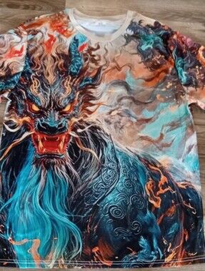 Graphic Tee with Fiery Mythical Beast - Blue & Orange